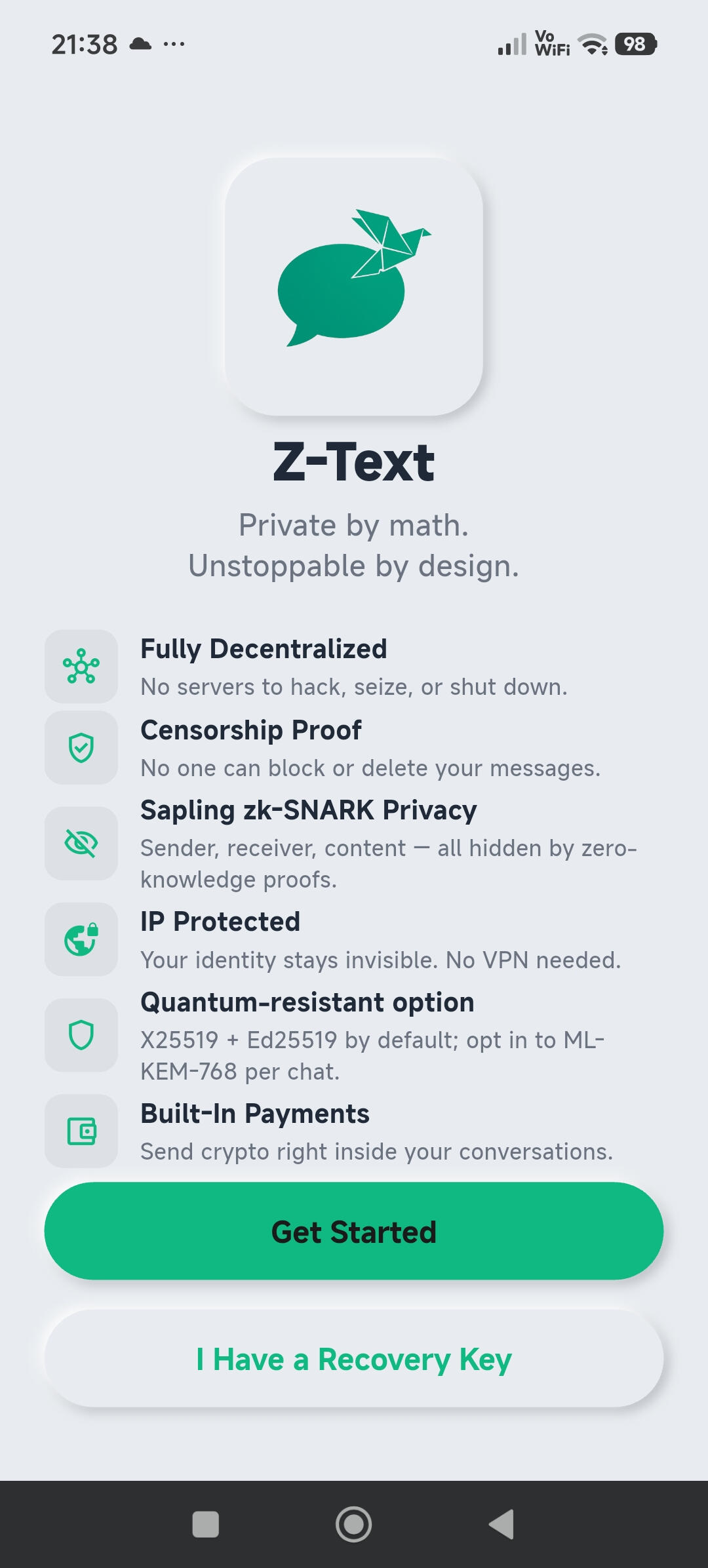 Z-TEXT Private Messaging App Z-TEXT welcome screen showing private messaging, secure wallet and encrypted vault features.
